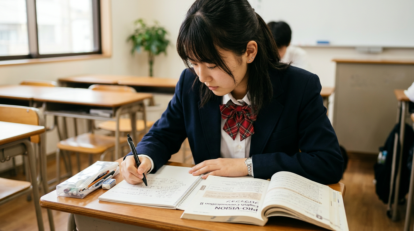 定額・通い放題で学ぶイメージ（清潔な教室・通常の机・アップ）
